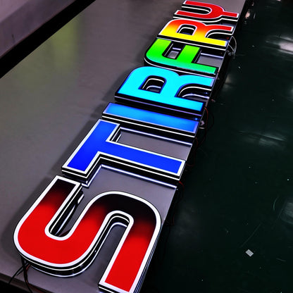 Face-lit 3D RGB LED channel letters, suitable for custom commercial applications, bars, dining establishments, trendy retail stores, and similar venues.