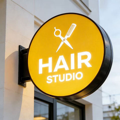 Custom Round Blade Sign with LED Lightbox – Double-Sided Wall Mounted Business Sign for cafés, boutiques, salons, restaurants, and retail storefronts.