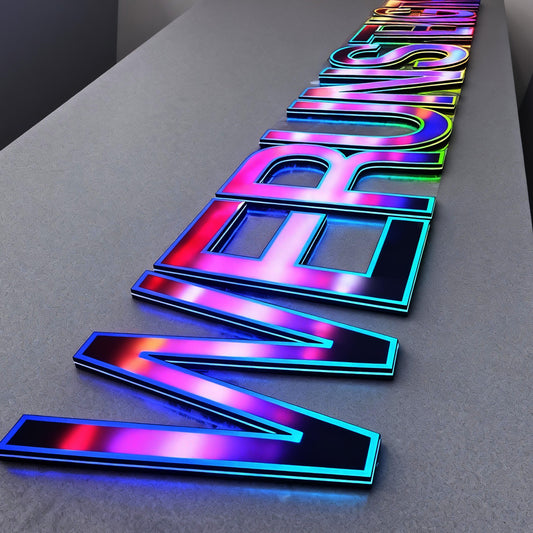 Front-lit 3D RGB LED channel letters, suitable for custom commercial applications, bars, dining establishments, trendy retail stores, and similar venues.