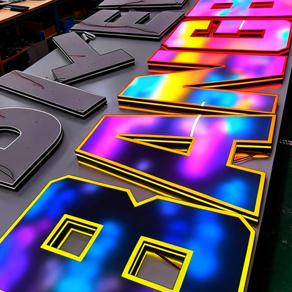 Face-lit 3D RGB LED channel letters, suitable for custom commercial applications, bars, dining establishments, trendy retail stores, and similar venues.