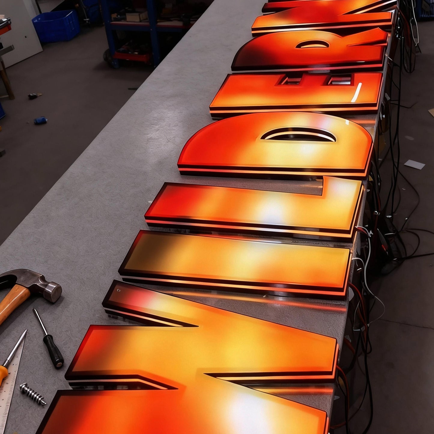 Face-lit 3D RGB LED channel letters, suitable for custom commercial applications, bars, dining establishments, trendy retail stores, and similar venues.