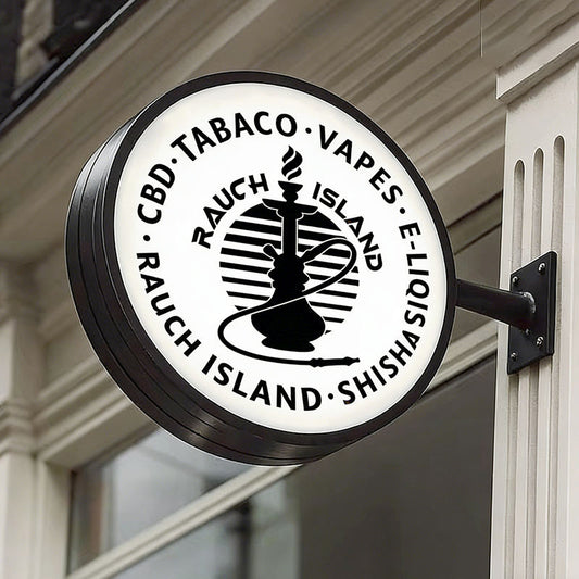 Custom Round Blade Sign with LED Lightbox – Double-Sided Wall Mounted Business Sign for cafés, boutiques, salons, restaurants, and retail storefronts.