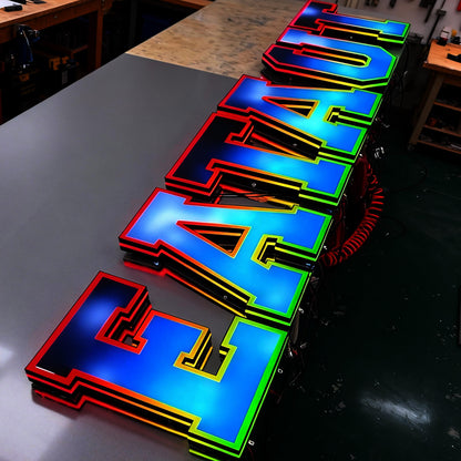 Face-lit 3D RGB LED channel letters, suitable for custom commercial applications, bars, dining establishments, trendy retail stores, and similar venues.