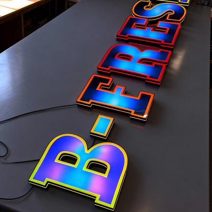 Face-lit 3D RGB LED channel letters, suitable for custom commercial applications, bars, dining establishments, trendy retail stores, and similar venues.