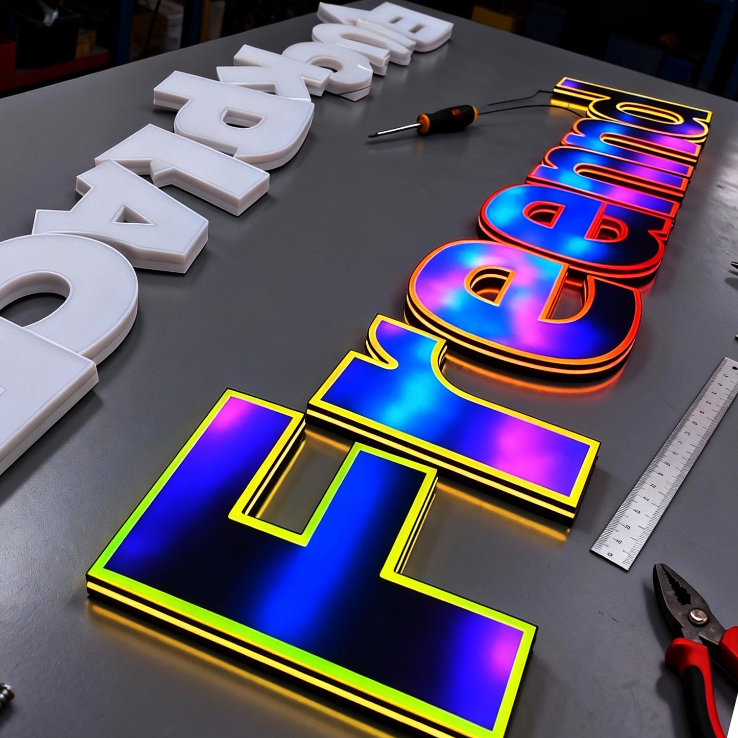 Face-lit 3D RGB LED channel letters, suitable for custom commercial applications, bars, dining establishments, trendy retail stores, and similar venues.