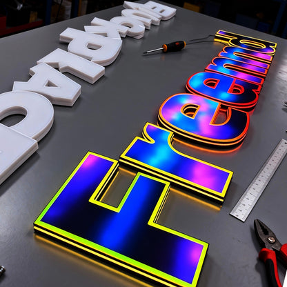 Face-lit 3D RGB LED channel letters, suitable for custom commercial applications, bars, dining establishments, trendy retail stores, and similar venues.