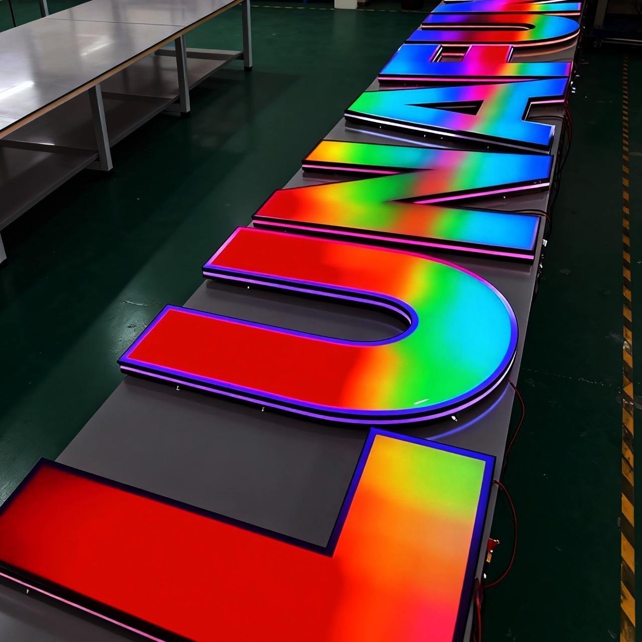 Face-lit 3D RGB LED channel letters, suitable for custom commercial applications, bars, dining establishments, trendy retail stores, and similar venues.