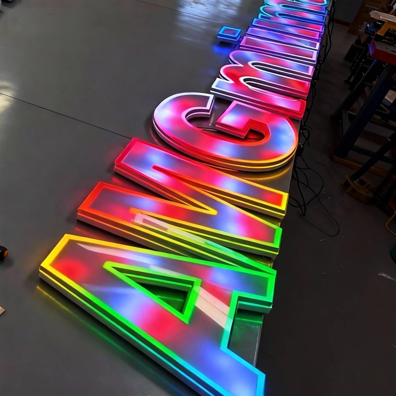 Face-lit 3D RGB LED channel letters, suitable for custom commercial applications, bars, dining establishments, trendy retail stores, and similar venues.