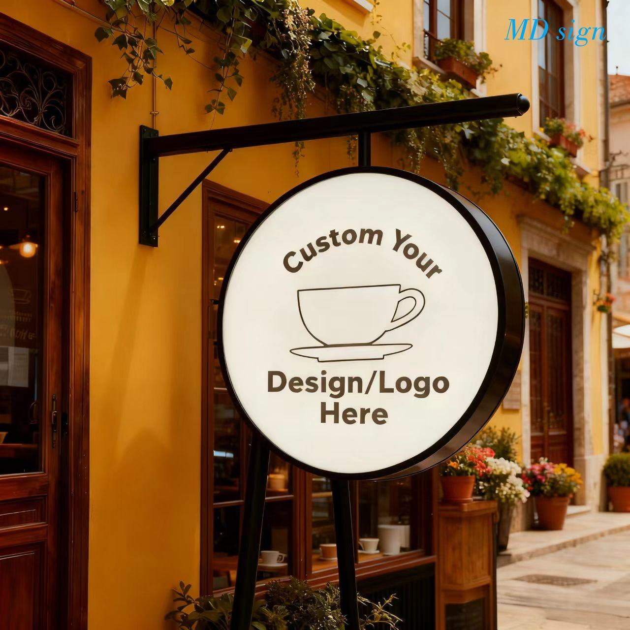 Custom Round Blade Sign with LED Lightbox – Double-Sided Wall Mounted Business Sign for cafés, boutiques, salons, restaurants, and retail storefronts.