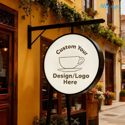 Custom Round Blade Sign with LED Lightbox – Double-Sided Wall Mounted Business Sign for cafés, boutiques, salons, restaurants, and retail storefronts.
