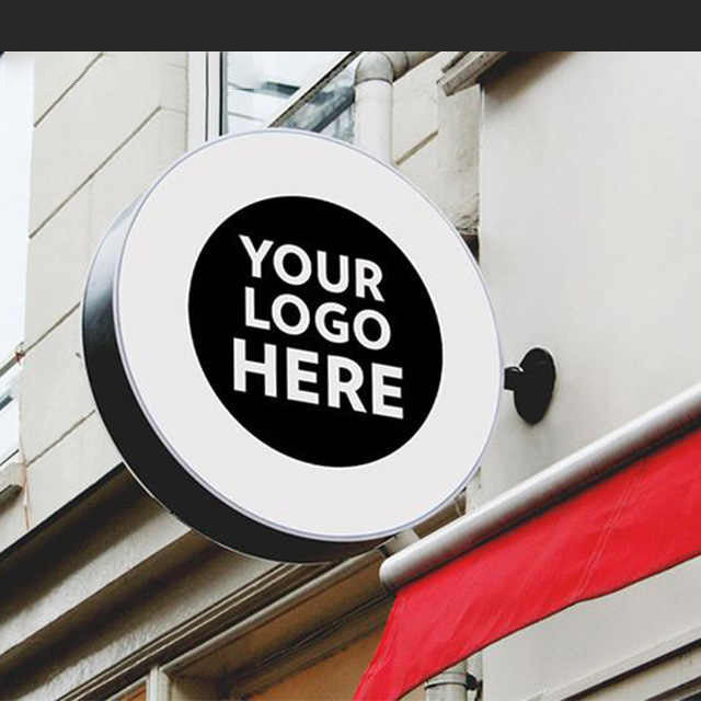 Custom Round Blade Sign with LED Lightbox – Double-Sided Wall Mounted Business Sign for cafés, boutiques, salons, restaurants, and retail storefronts.
