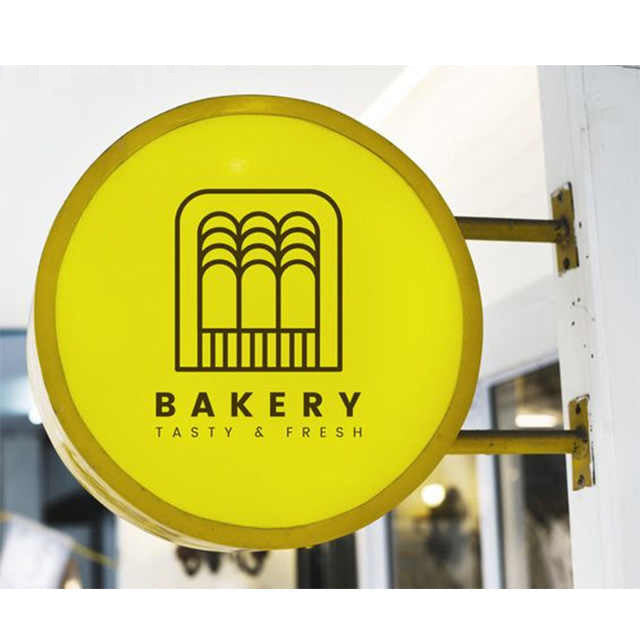 Custom Round Blade Sign with LED Lightbox – Double-Sided Wall Mounted Business Sign for cafés, boutiques, salons, restaurants, and retail storefronts.