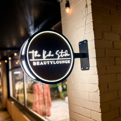 Custom Round Blade Sign with LED Lightbox – Double-Sided Wall Mounted Business Sign for cafés, boutiques, salons, restaurants, and retail storefronts.