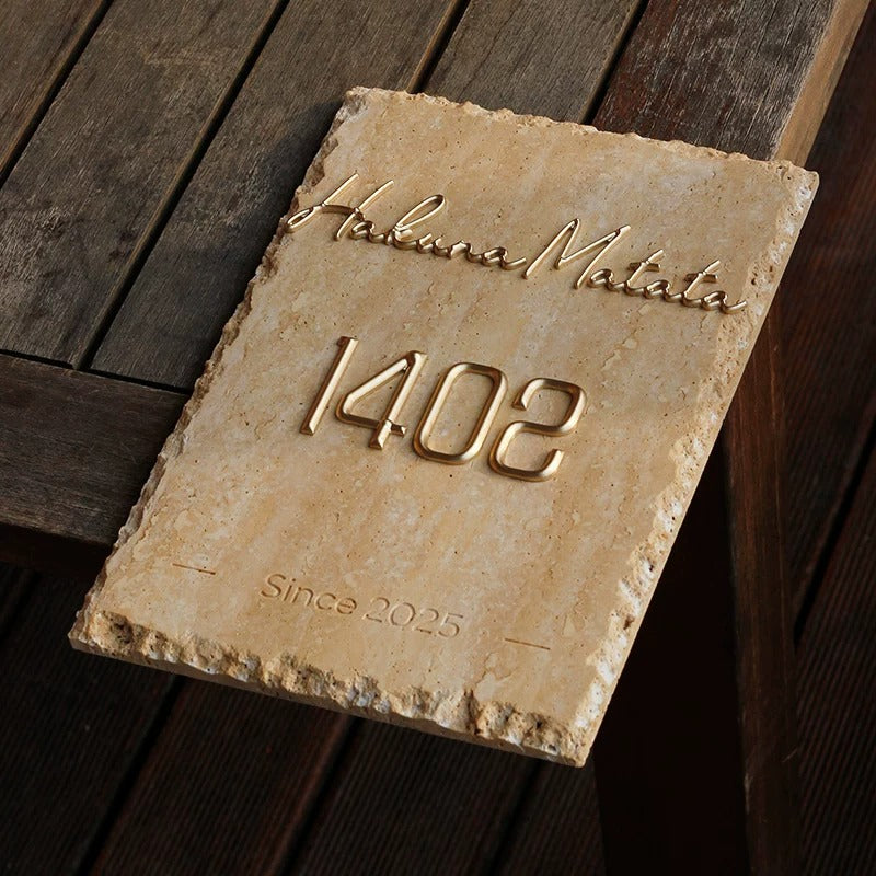 Custom Natural Stone Address Plaque with Brass Letters, House Number & Door Sign