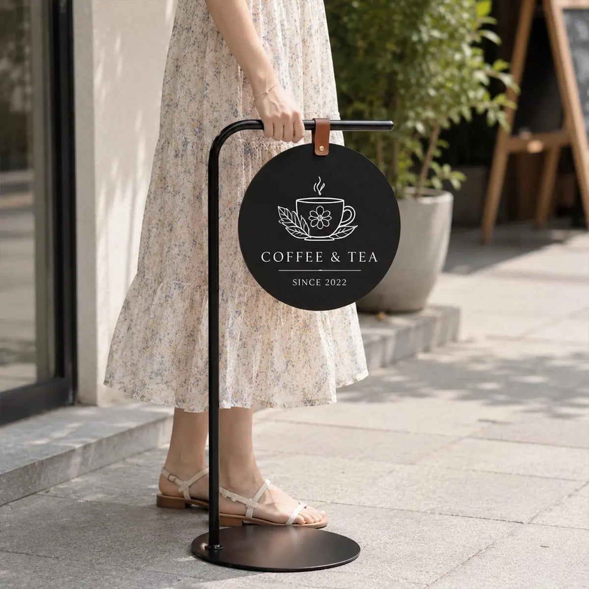 Custom Round Hanging Sign with Stand – Freestanding Logo Sign for Shops & Cafes